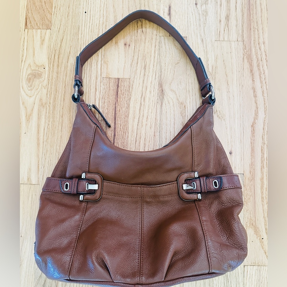 Tignanello cognac pebbled leather buckle hobo bag.